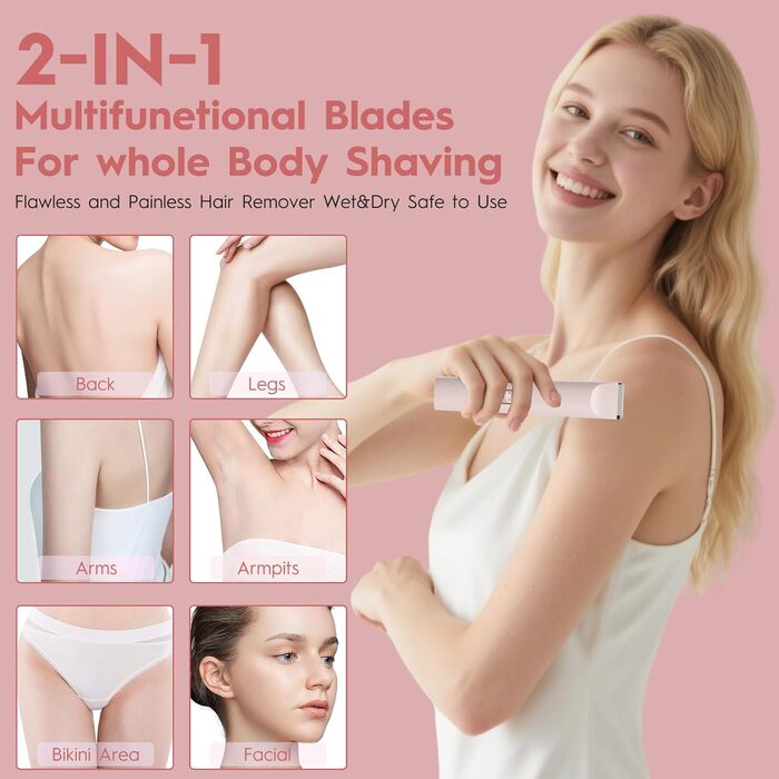 Триммер для жінок, електробритва з двома лезами, для тіла та бікіні, водонепроникний IPX7, рожевий
