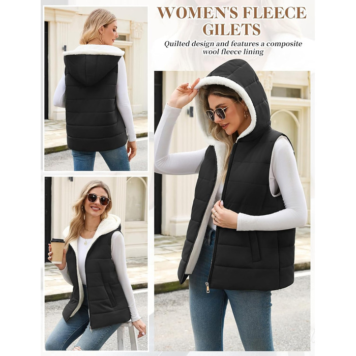 Жіноча тепла степкова жилетка Yuson з капюшоном, без рукавів, чорна XXL