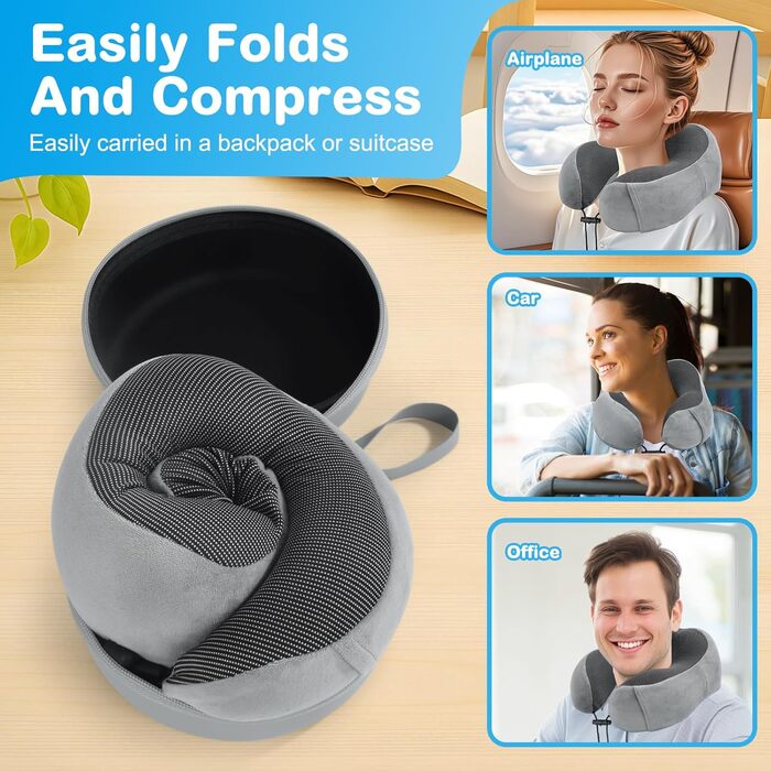 Подушка для шиї у літак: Memory Foam, регульована, компактна, з чохлом для зберігання, навушниками та маскою для сну (сіра)