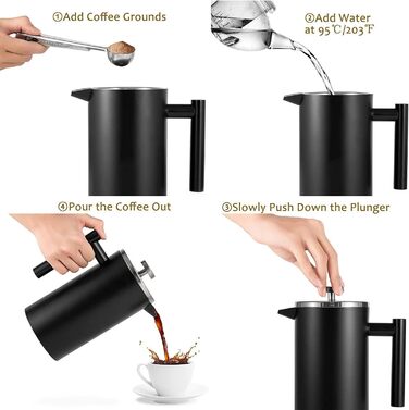 French Press Thermo with Keep-Warm Function, Coffee Maker made of double-walled stainless steel 0.65l, Replacement Filter I Coffee Press also for Home (Black, 650ml)