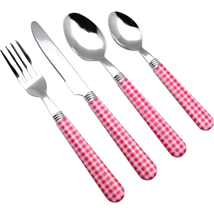 Набір столових приборів EXZACT з нержавіючої сталі, 24 штуки - ручки кольору гінгам (рожеві) - 6 виделок, 6 ножів, 6 ложок, 6 чайних ложок
