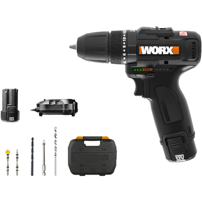 WORX WX121 Акумуляторний ударний дриль-шуруповерт 12V – потужний безщітковий набір – 2-швидкісна коробка передач до 38Nm – легкий та компактний – 0-450/0-1700 об/хв – з акумулятором, зарядним пристроєм та кейсом. Змінний набір біт