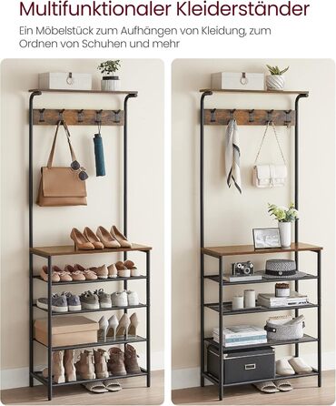 VASAGLE Coat Rack, Clothes Rack, Shoe Shelf, Wardrobe with 5 Double Hooks, 5 Shelves, One Top Shelf, for Apartments, Bedrooms, Hallways, Industrial Design, Vintage Brown-Black HSR408B01 (31.5 x 68 x 183.5 cm)