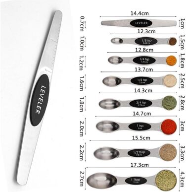 Набір мірних ложок Meiyijia з нержавіючої сталі (8 шт.) - для сухих та рідких інгредієнтів, з магнітною основою