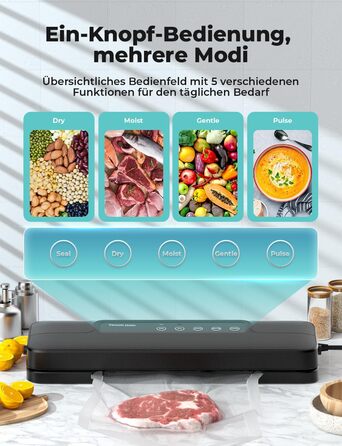 Вакуумний пакувальник Vihoom 5-в-1: зберігайте продукти до 8 разів довше. Включає 10 пакетів та шланг. Міцна зварна шве, 30 см. Чорний