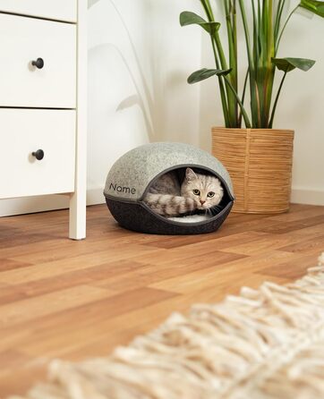 Lionto Cat Cave made of robust felt, cozy cuddle cave with zipper, 46x38x24 cm, comfortable and modern cat bed with soft and washable cushion, grey (with name tag)