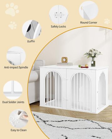Hzuaneri Modern Dog Crate Furniture - Indoor Dog Kennel with 3 Doors & Tabletop - Durable White Dog Cage 108x64x76cm (DFC86013W)