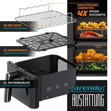 Фритюрниця Arendo з гарячим повітрям XXL Dual Zone з 2 камерами – 11 л – 2 зони – Airfryer з подвійними камерами та вікном – 6 програм – Без BPA – 3D циркуляція повітря – Функції Sync та Match A: 11 літрів