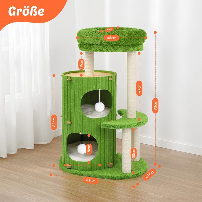 Котячий будиночок з подряпувачем Luxus: широка колона з берези, міцний, до 25 кг, сизаль, велике ліжко з подушкою з льону, легко збирається (зелений)