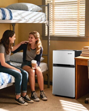 EUHOMY Міні холодильник 46L, компактний холодильник з регулюванням температури, тихий (38dB), енергоефективний для спальні, офісу, сріблястого та чорного кольорів