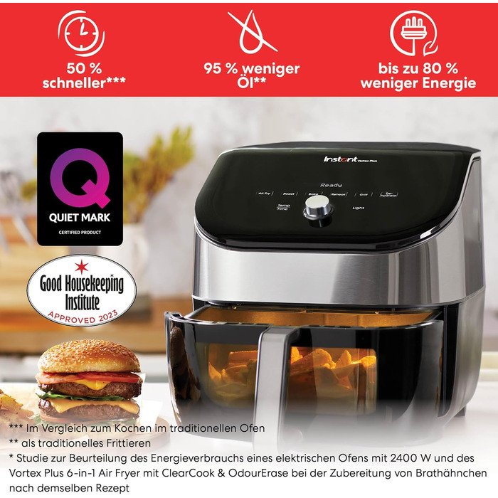 Instant Vortex Plus with ClearCook - 5.7L Digital Healthy Air Fryer, Stainless Steel, 6-in-1 Smart Programs - Air Frying, Baking, Roasting, Grilling, Dehydrating, Reheating, Large Capacity - 1700W Large Digital (Stainless Steel 5.7L) + Viewing Window