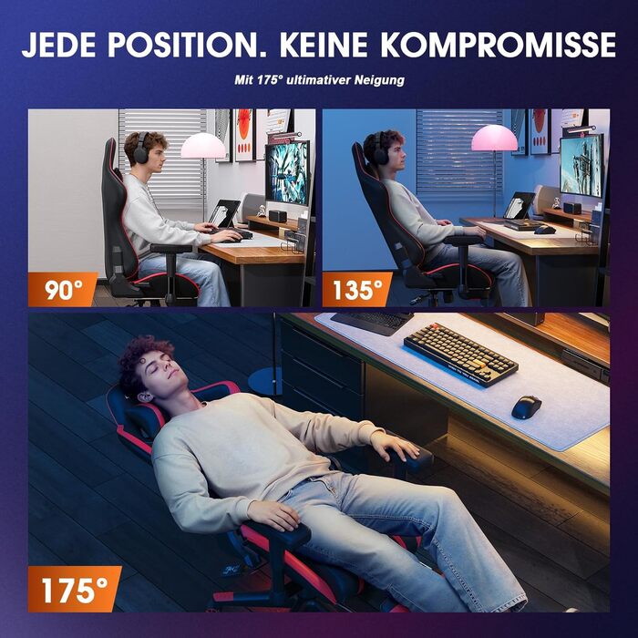 Ігровий крісло Douxlife з функцією масажу та підігрівом, ергономічний офісний крісло з підставкою для ніг, регулювання 90°-175°, м'які 2D підлокітники, геймерське крісло для ПК, 181 кг, (Червоний)