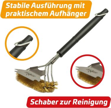 3X Grillfürst Premium Grill Brush with Brass Bristles, 45 cm - Grill Cleaning Brush for Grill Grates, Grill Grate Brush with Wide 3-Section Brush Head and Scraper