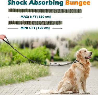 Тактична повідок для собак PetBonus Heavy Duty, 1,5м, еластична, з 2 зручними ручками, фіксатор для авто, No Pull для дресування великих та середніх собак (армійний зелений)