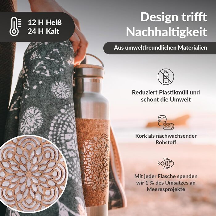 Stainless Steel Water Bottle 750ml - Sustainable, insulated thermal water bottle made of stainless steel, leak-proof - Iso bottle without harmful substances, BPA-free - Thermos drinking bottle (floral print) (Mandala (laser cut) + bottle brush)