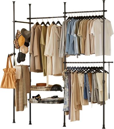 SoBuy KLS04-SCH Telescopic Rod Clothes Rack with 5 Clothes Rails and 2 Baskets Telescopic Wardrobe System Adjustable Shelving System B (209-311) x (200-285) cm