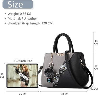 Сумка жіноча DIRRONA велика – сумка через плече та шопер з квітковою вишивкою та помпонами, ідеальна для роботи, відпочинку, подорожей, офісу, вечірок та весіль, колір сірий