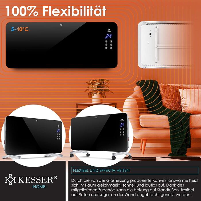 Електрична скляна панельна батарея KESSER® з Wi-Fi, сенсорним екраном та пультом керування | 2000 Вт, білий/чорний | для дому та офісу