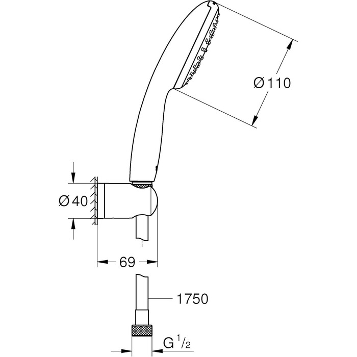 Душова лійка GROHE Vitalio 110, економна, 8 л/хв, 1 режим, універсальний підключення, силіконове кільце, хром, для стіни (27940001)