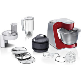 Кухонний комбайн Bosch MUM58720 Серія 4, 1000 Вт, 3,9 л, міксер 1,25 л, планетарне змішування, насадки для тіста і збивання, шинкувальна насадка, нержавіюча сталь, темно-червоний/сріблястий