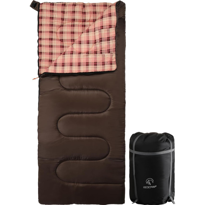 REDCAMP XL Cotton Sleeping Bag - Warm, Removable Hood, Flannel Comfort - 3-4 Season, Adult & Kids, Camping, Fishing, Outdoor - Blue/Brown (2lbs Fill)