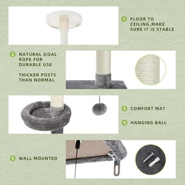 Комплекс для котів PAWZ Road, 5-ярусний, від підлоги до стелі, регульована висота, багатофункціональний: кігтеточка, ліжко, іграшка-кулька (сірий)