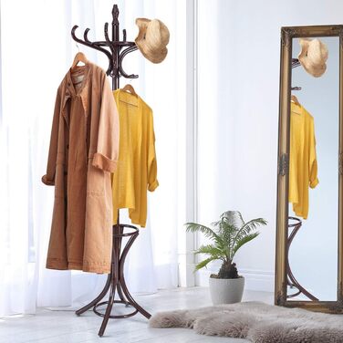 GIANTEX Coat Rack with Umbrella Stand, Clothes Rack Wood with 12 Clothes Hooks, Wooden Coat Tree Freestanding, Standing Coat Rack for Entryway Living Room (White) (Brown)