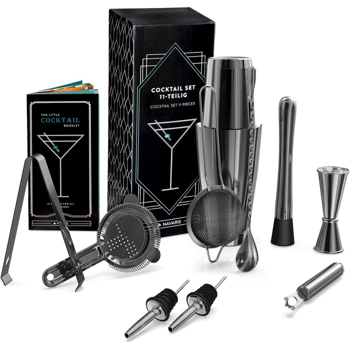 Набір для приготування коктейлів Navaris: шейкер, міксер та аксесуари (11 шт.) з рецептами - професійний барний аксесуар, чорний