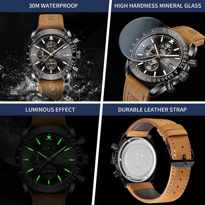 Годинник чоловічий BENYAR з коричневим шкіряним ремінцем, кварцовий хронограф, чоловічий годинник з датою, водонепроникний, спортивний годинник з блакитно-чорним циферблатом