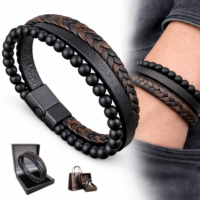 Чоловічий шкіряний браслет: товсте чорне плетіння, 19-22 см — ідеальний подарунок