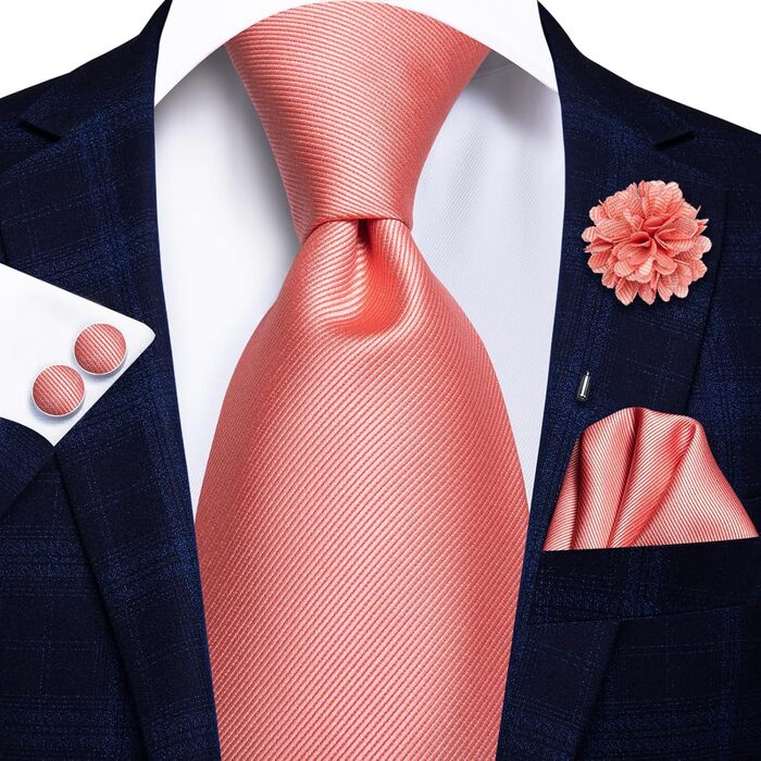 Комплект краваток для чоловіків Hi-Tie: краватка, нагрудна хустинка, кравецькі шпильки, запонки, формальний шовк, для весілля та свят (кораловий)