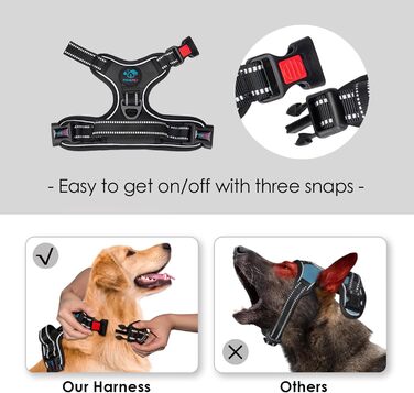 Шлейка для собак PHOEPET без натягу для маленьких собак, світловідбиваюча, регульована, з переднім кріпленням, з ручкою, 2 металеві кільця, 3 пряжки (легко одягати та знімати), чорна, розмір L