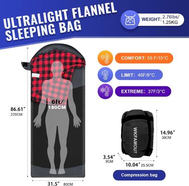 Сплячий мішок WKFAMOUT Ultralight для кемпінгу та подорожей, чорний, 220x80 см, R-Zip, Flanell