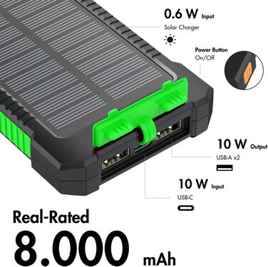 Портативний зарядний пристрій Solar Powerbank 8000 mAh з ліхтариком, чорно-оранжевий, одночасна зарядка 2 пристроїв (2x USB Type-A)