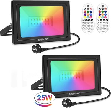 MEIKEE 25W RGB Spotlight with Remote Control, 30 Modes, 10 Colors, Memory Function, RGB Floodlight, IP66 Waterproof, 6 Brightness Levels, Bar, Party, Disco, Celebrations, Stage, Houses, Christmas, Halloween, 2PCS