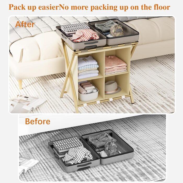 aboxoo 2-Pack Luggage Rack with Storage, Guest Room, Folding, Holds up to 54.4 kg, Space-Saving Suitcase Racks for Guest Rooms, Bedrooms, Hotels, Black (Gold, 1 Piece)