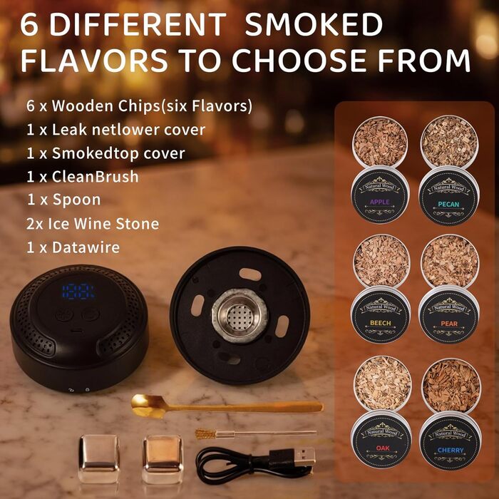 Електричний набір для копчення віскі, коктейльний дим-сет - 6 видів деревини, RGB підсвітка, безполум'яний димогенератор для коктейлів та їжі, подарунок для чоловіків
