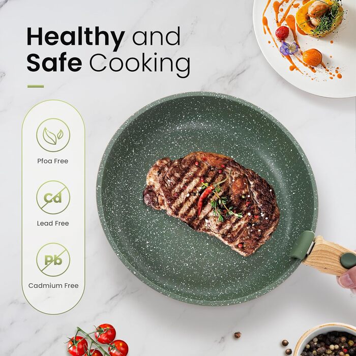 Набір каструль та сковорідок Kitchen Academy 10 предметів з знімними ручками. Підходить для всіх типів плит, включаючи індукційні. Сковороди 20/25 см, каструля 18 см. Колір: зелений