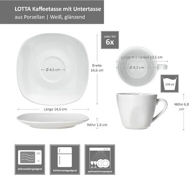 Набір чашок з блюдцями MamboCat Lotta для 6 осіб | Білий порцеляновий набір для сніданку та кави | 6 чашок по 170 мл та 6 блюдець | Елегантний посуд для дому, ресторану, готелю