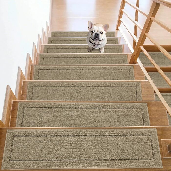 Сходинкові килимки JSEI, антиковзаючі, набір з 15 шт, 20.3 x 76.2 см, машинне прання, самоклеючі, для дітей, літніх людей та домашніх тварин, 100% поліестер, TPE-підкладка, темно-сірий