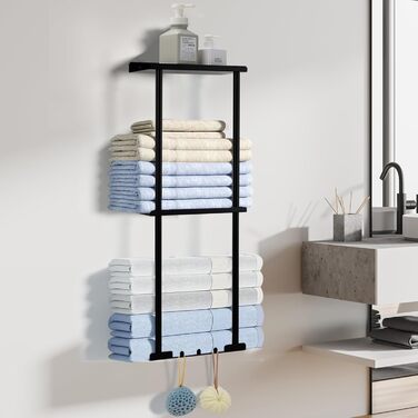 Bathroom Towel Rack Wall Mounted Towel Holder No Drilling 3-Tier Bathroom Towel Rack with Metal and 3 Hooks Bathroom Towel Storage Shelf 80 x 26 x 14 cm (black)