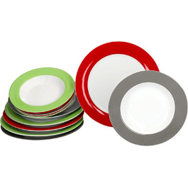 MamboCat Tafelservice Trio 12tlg. - Посуд для 6 осіб (12 предметів) з порцеляни, зелений, червоний, сірий | Тарілки супові та обідні