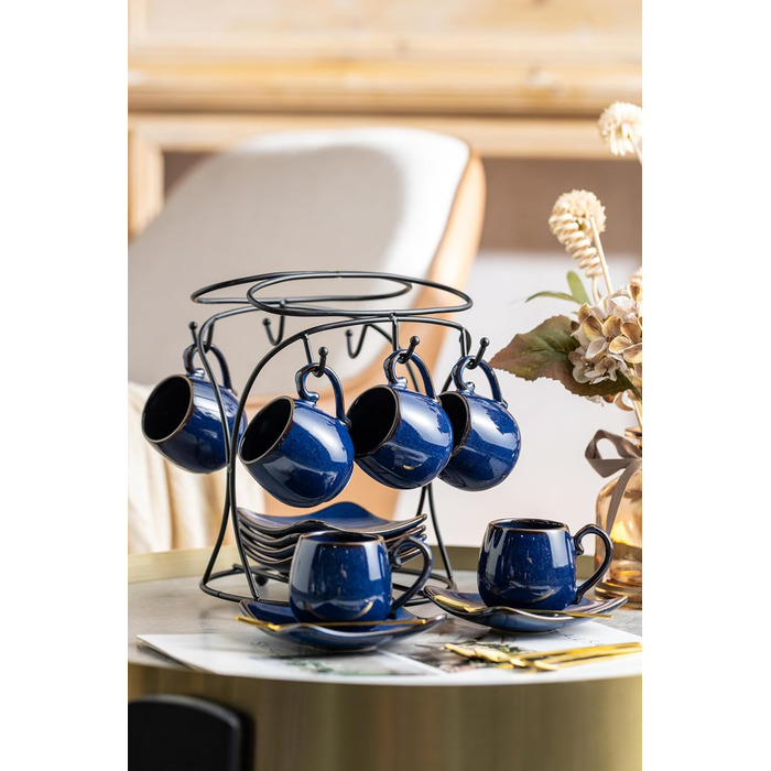 Набір кавових чашок з блюдцями LYEOBOH (6 шт.), 85 мл, кераміка, білий колір, з металевим підставкою та ложками. Підходять для еспресо, капучино, лате, мокко та чаю.