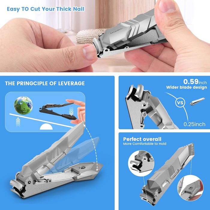 Професійний кусачковий манікюрний інструмент з контейнером для збору обрізаних нігтів, для пальців та п'ят, з нержавіючої сталі, великий, срібний (3,5x0,79 дюйма)
