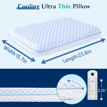 Подушка з піни Memory Foam для сну на животі та спині, ультратонка 40x60 см, знімний чохол, ортопедична, синьо-біла