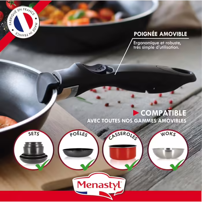 MENASTYL - 3-Piece Pan Set 24/28 cm + 1 Detachable Handle 6020283 – Pans made of aluminum for all types of stovetops including induction - Non-stick coating – Black
