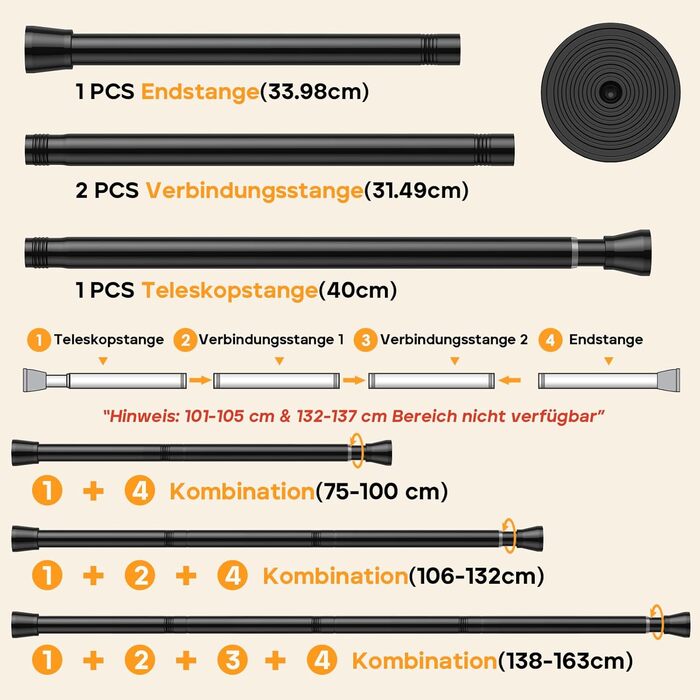 Телескопічна штанга для карнизів та душових дверей без свердління, 120-200 см (підходить для 120-196,5 см), нержавіюча сталь, регульована, чорна