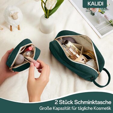 Косметичка жіноча KALIDI з корду, з відділеннями, металева блискавка, для подорожей, зелена