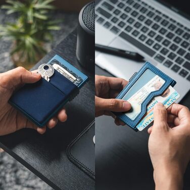 Стильний металевий гаманець для карток VULKIT з RFID-захистом, Pop-up механізмом, відділеннями EDC та вікном для ID, темно-синій