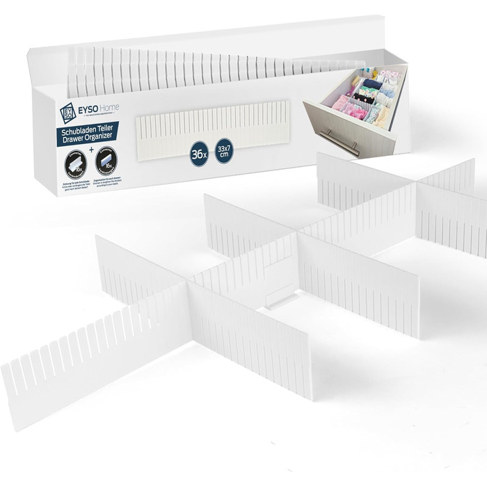 EYSO Home® Drawer Dividers, 36-Piece Set, 33x7 cm including Connectors – fits perfectly in your drawer [extend, shorten, divide] - the organization system